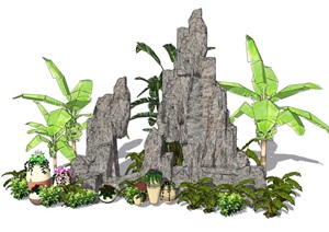 假山叠石植物造景SU(草图大师)模型