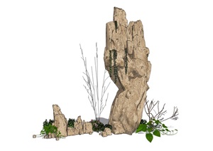 假山石头枯枝植物组合SU(草图大师)模型