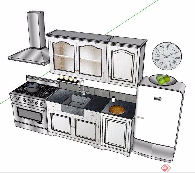 现代简约风厨房整体橱柜设计su模型