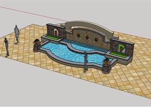详细独特的水池景墙设计SU(草图大师)模型