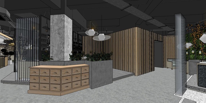 现代时尚简约木头钢材工业风装饰深色调奢华火锅自助餐厅室内设计(2)