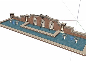 欧式风格砖砌景墙水池设计SU(草图大师)模型