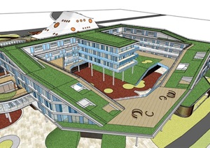 现代创意斜坡大屋顶活动平台架空式交流共享空间彩色金属格栅表皮中小学校园规划设计