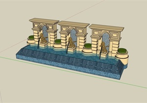 欧式详细的水池景观墙设计SU(草图大师)模型