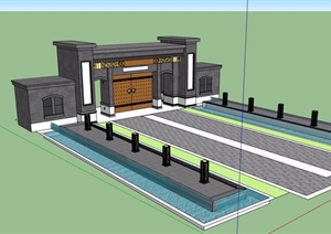某现代中式风格砖砌景区大门设计SU(草图大师)模型