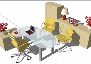 现代简约风格玻璃办公桌椅及柜子SU(草图大师)模型