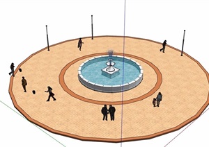 圆形喷泉水池及地面铺装设计SU(草图大师)模型