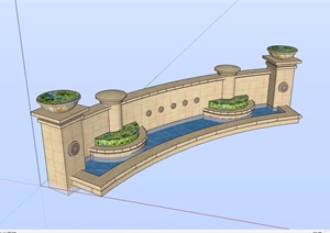 现代详细水池景墙设计SU(草图大师)模型