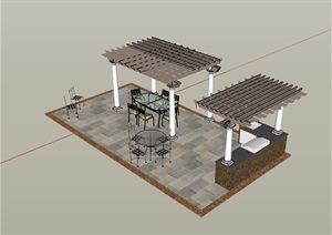 户外庭院廊架及桌椅素材设计SU(草图大师)模型
