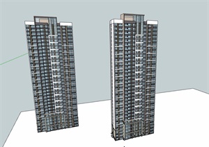 两栋高层详细的居住楼设计SU(草图大师)模型