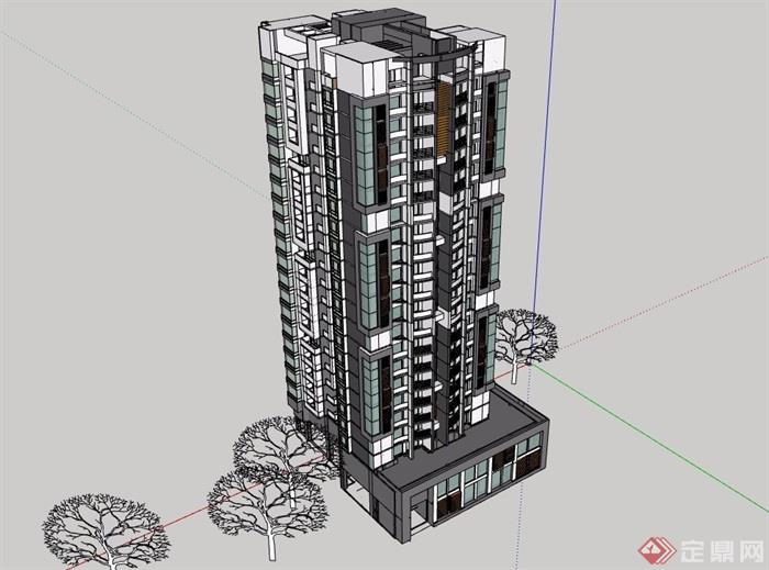 现代商业住宅详细建筑楼设计su模型带效果图