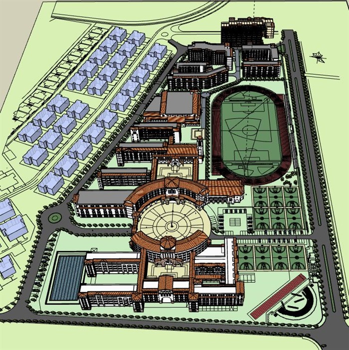 长梯形基地西班牙欧式经典风格中小学校园规划su+CAD(1)