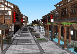 中式详细的商业街建筑楼设计SU(草图大师)模型