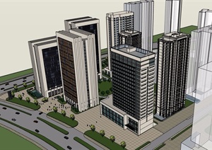 详细完整的多栋办公建筑设计SU(草图大师)模型