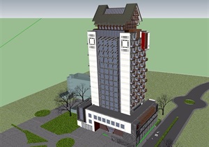 中式独特造型的酒店建筑设计SU(草图大师)模型
