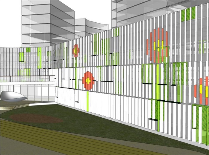 现代创意绿色生态图案花纹格栅表皮曲线型幼儿园托儿所设计(4)