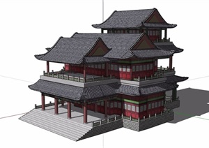 古典中式风格详细多层旅游景区建筑SU(草图大师)模型