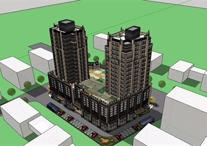 现代详细完整的商住楼建筑设计SU(草图大师)模型