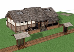 中式风格详细的茅草公厕建筑设计SU(草图大师)模型