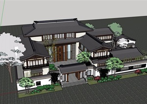 新中式风格详细的私人别墅设计SU(草图大师)模型