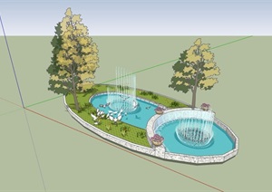 详细的喷泉水池及种植池设计SU(草图大师)模型