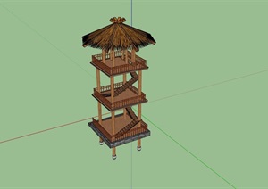 中式详细的瞭望塔设计SU(草图大师)模型