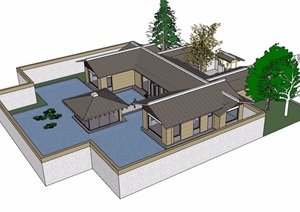 中式详细的私人住宅详细别墅设计SU(草图大师)模型