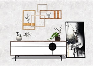 现代简约电视柜置物架植物枯枝SU(草图大师)模型