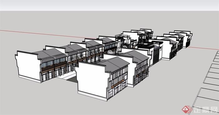 中式两层详细的商业街建筑楼设计su模型
