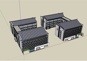 中式详细多层完整详细的办公建筑SU(草图大师)模型