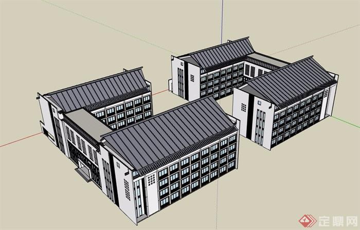 中式详细多层完整详细的办公建筑su模型