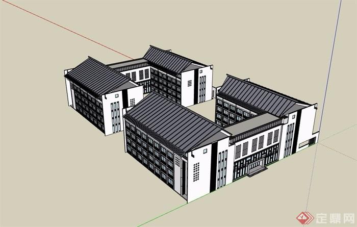 中式详细多层完整详细的办公建筑su模型