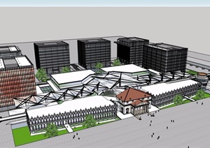 现代风格办公楼建筑及地铁站建筑SU(草图大师)模型