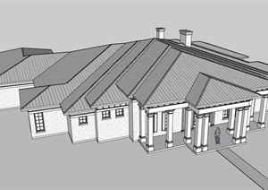 美式风格详细的单层别墅建筑设计SU(草图大师)模型