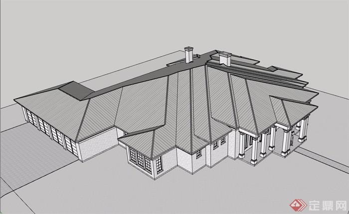 美式风格详细的单层别墅建筑设计su模型