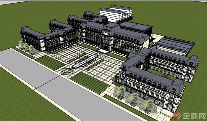 法式国际学校多层详细建筑楼设计su模型