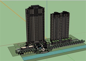 新古典风格居住建筑楼及景观设计SU(草图大师)模型