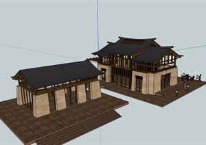 中式风格详细的餐饮建筑SU(草图大师)模型