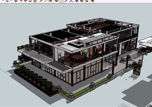 现代中式风格餐饮建筑楼设计SU(草图大师)模型