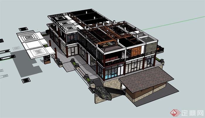 现代中式风格餐饮建筑楼设计su模型