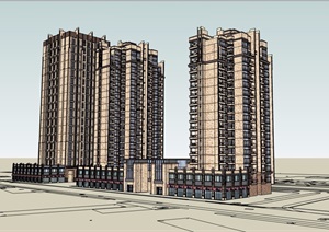 详细完整的商业住宅高层建筑楼SU(草图大师)模型