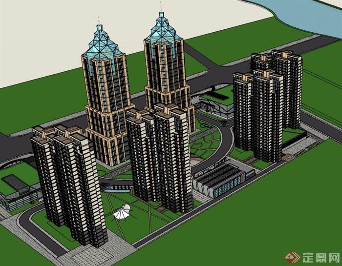城市商业办公住宅综合体建筑设计su模型