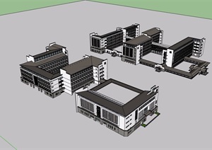 中式中学多栋教学楼建筑SU(草图大师)模型