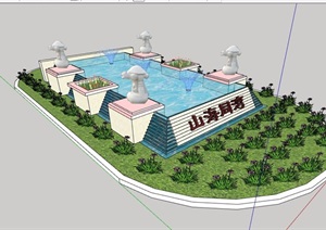 详细的喷泉水池及种植花池设计SU(草图大师)模型