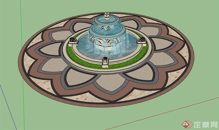 欧式风格圆形喷泉水池设计su模型
