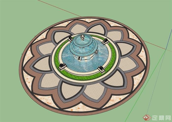 欧式风格圆形喷泉水池设计su模型