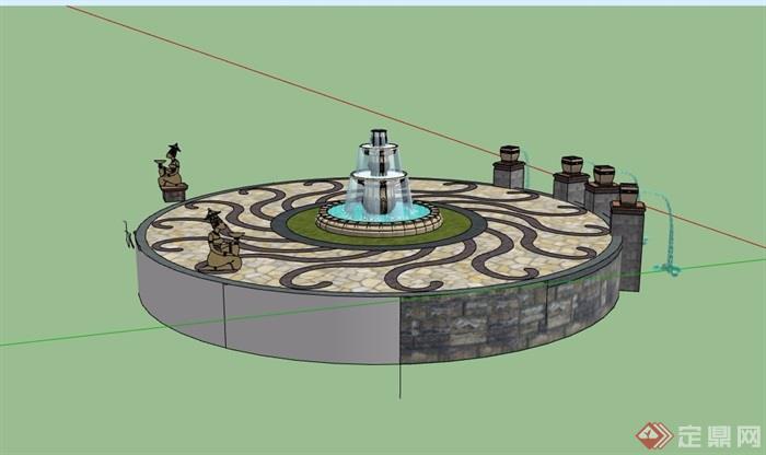 喷泉水池及地面铺装设计su模型