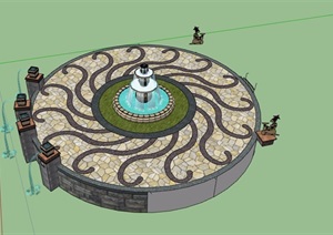 喷泉水池及地面铺装设计SU(草图大师)模型
