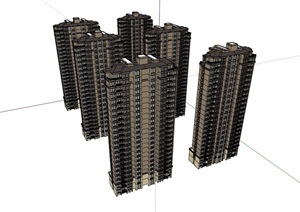 欧式风格详细完整的高层多栋住宅楼设计SU(草图大师)模型