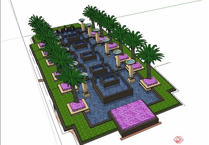 台阶式水池及种植池素材设计su模型